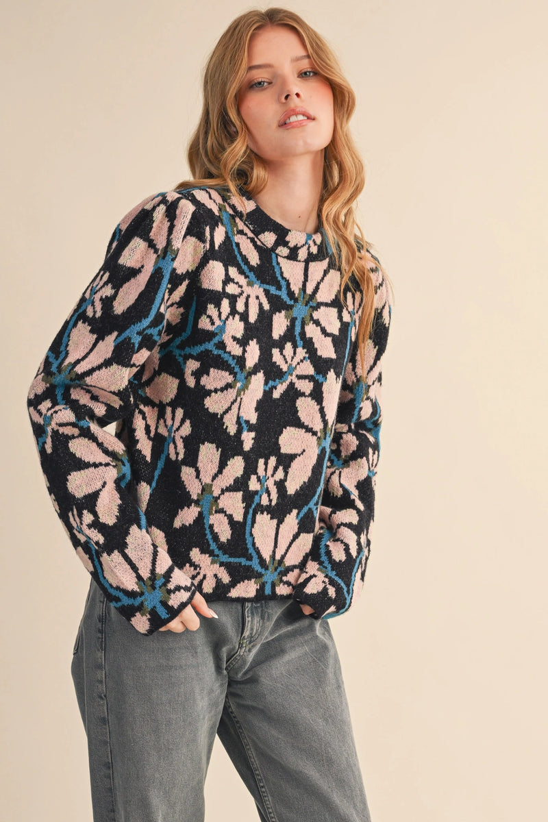 Floral Mock Neck Sweater - Black