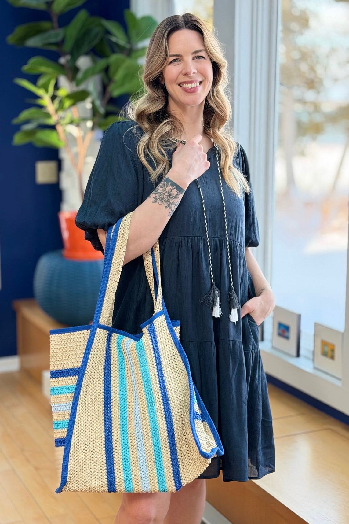 Jennifer Multi Color Straw Beach Bag
