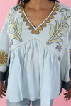 Embroidered Gauzy Top - Dusty Blue
