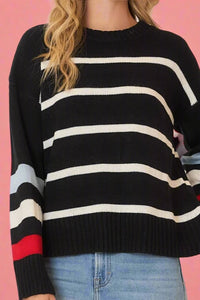 Striped Round Neck Sweater - Black