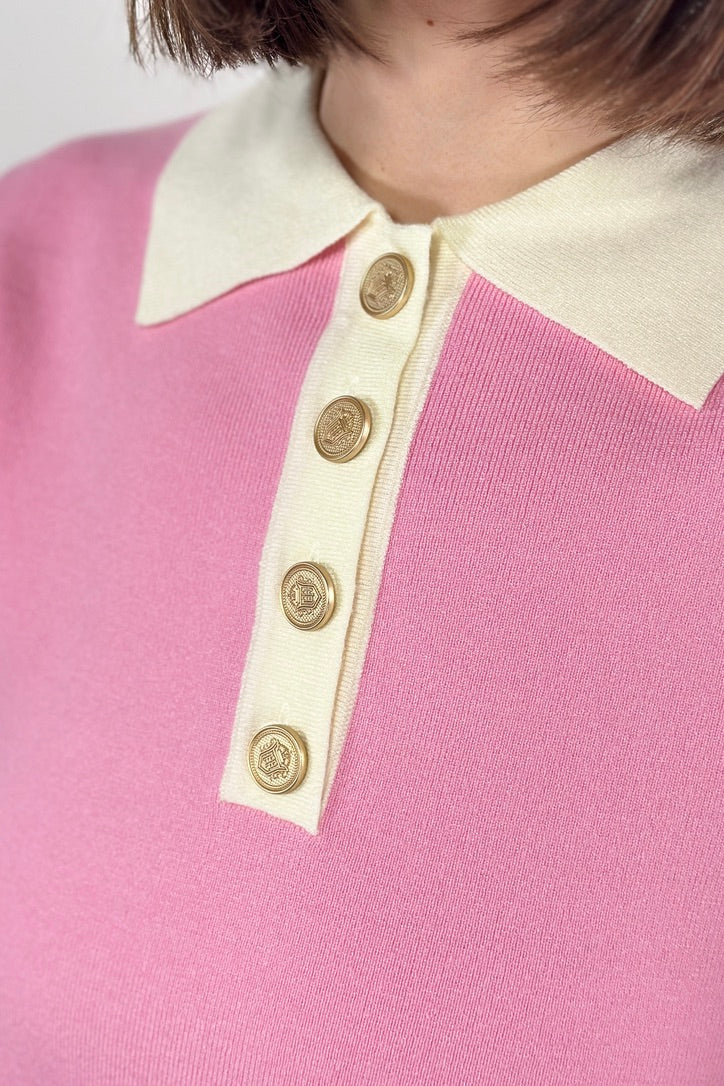Contrast Collar Light Sweater Top - Pink