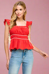 Ruched Detail Ruffled Straps - Red