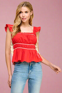 Ruched Detail Ruffled Straps - Red