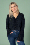 V-Neck Lace Button Down Top - Black