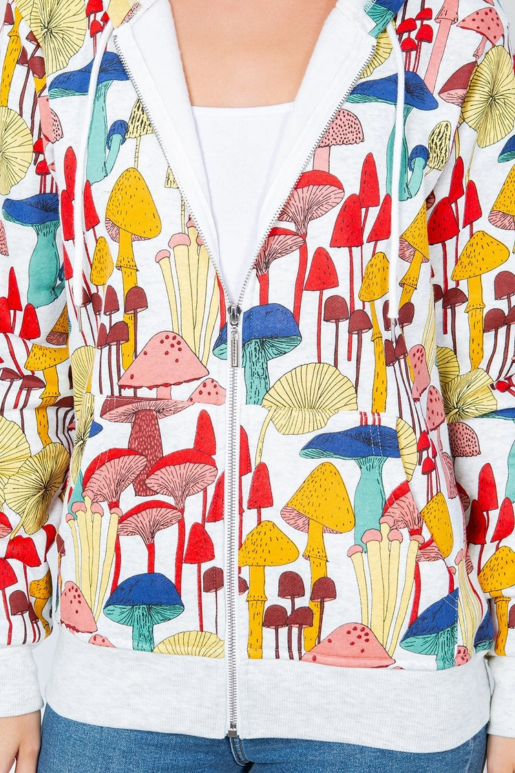 Whimsical Mushroom Zipper Hoodie - Grey