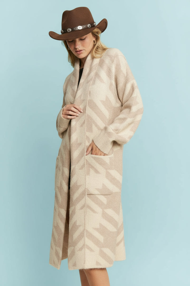 Giant Houndstooth Print Cardigan - Oatmeal