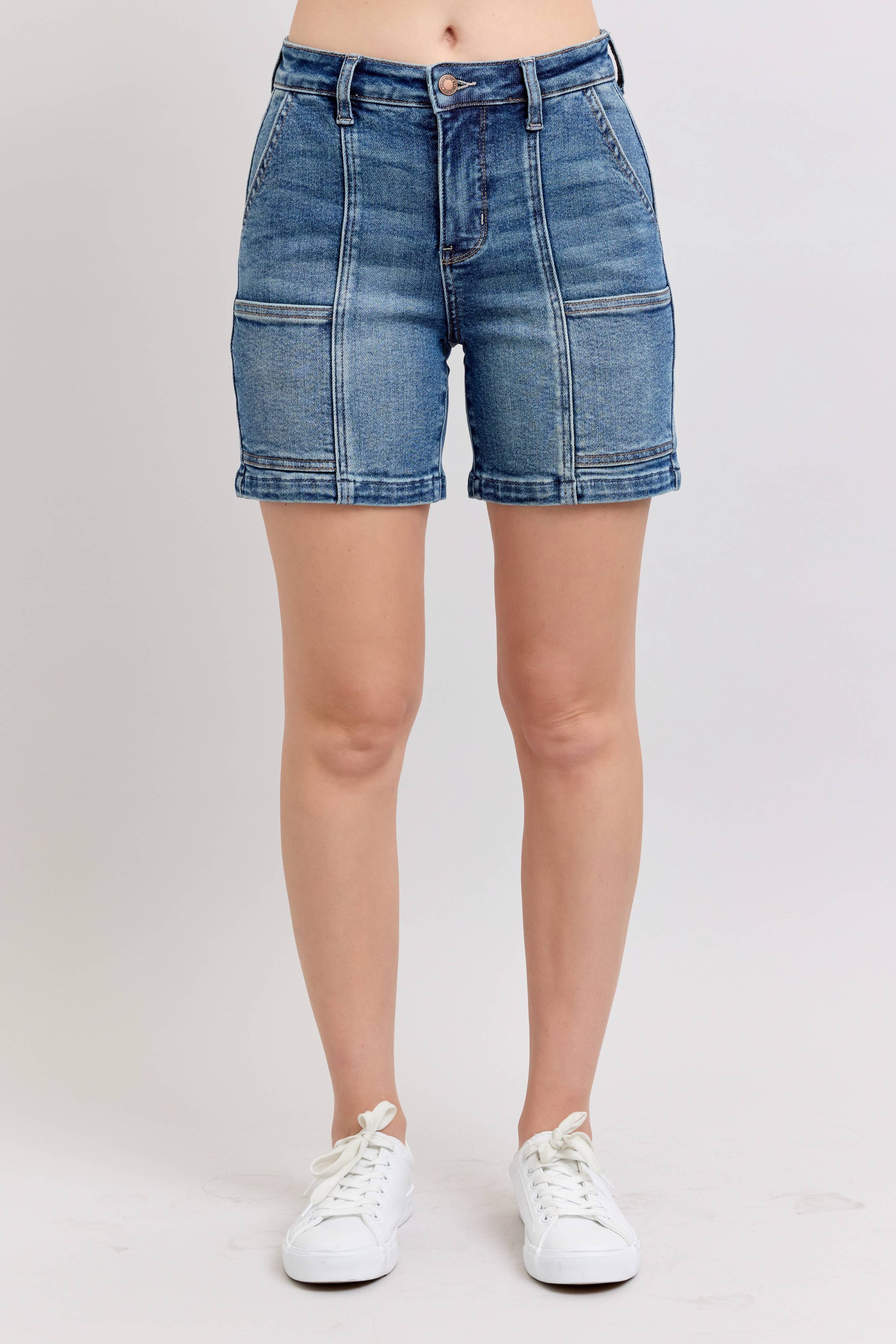 High Waisted Utility Pockets Mid Length Shorts
