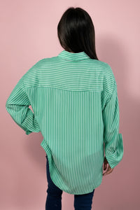 Oversized Striped Long Sleeve Shirt - Green