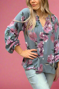 Grey Floral Button Down Top