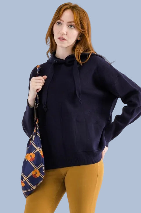 Knit Hooded Sweater - Navy