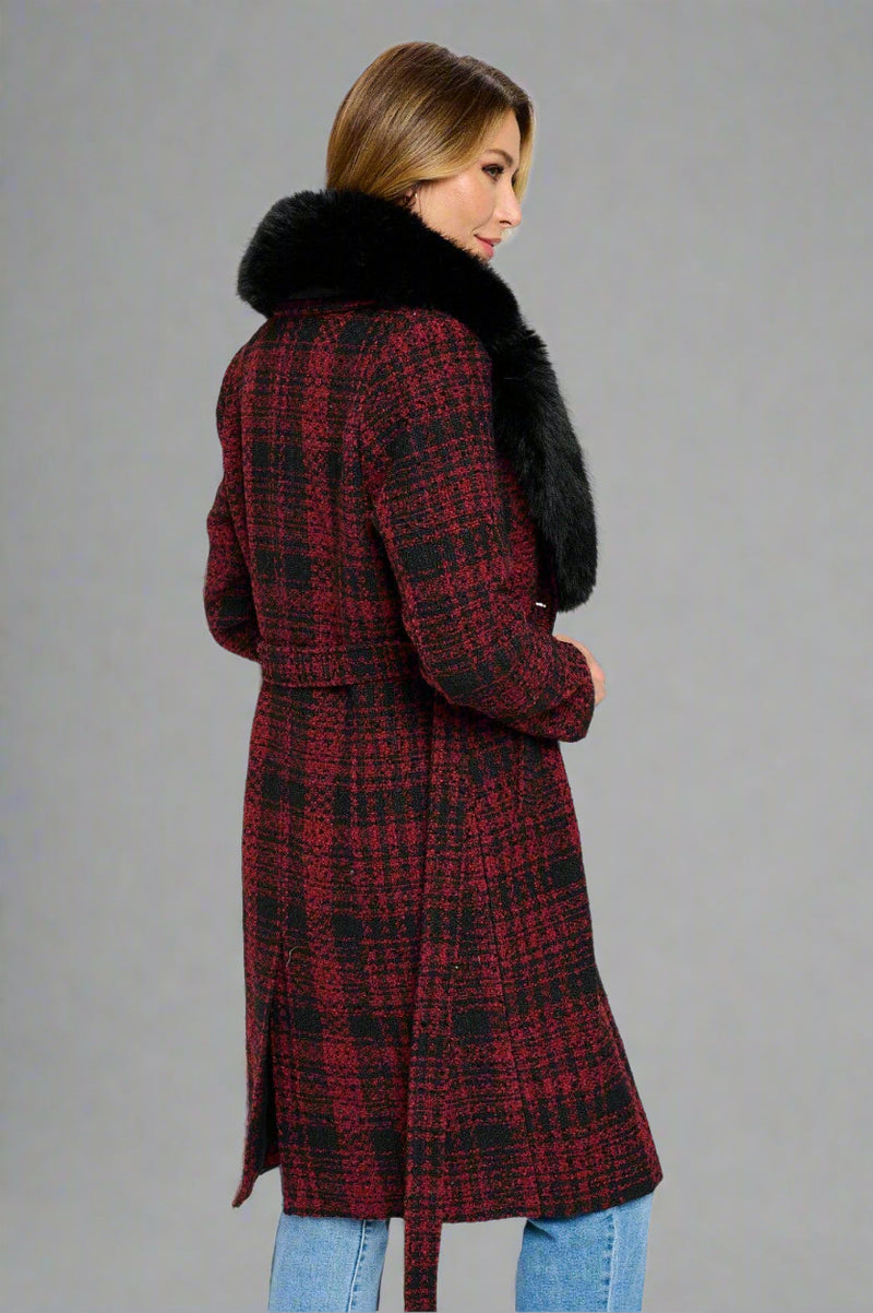 Cosmopolitan Faux Fur-Trimmed Plaid Coat