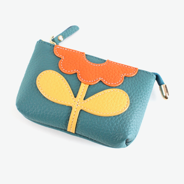 Flower Leather Coin Purse w/Keychain - Blue