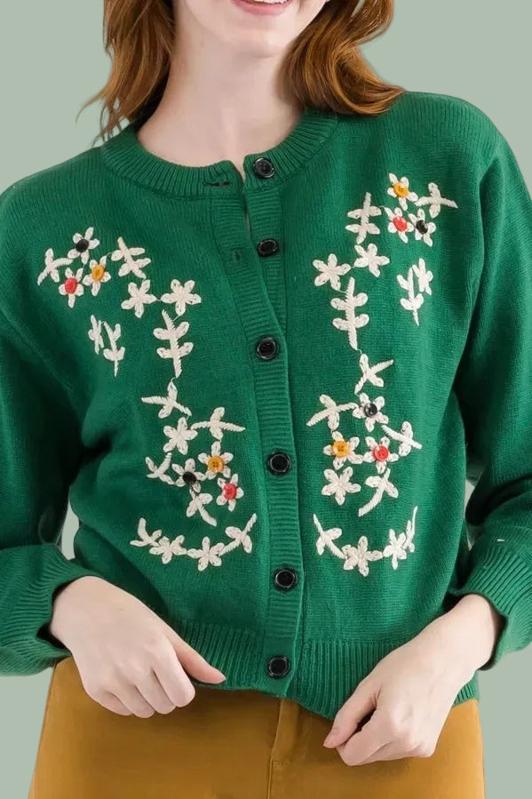 Floral Stitching Cardigan - Green