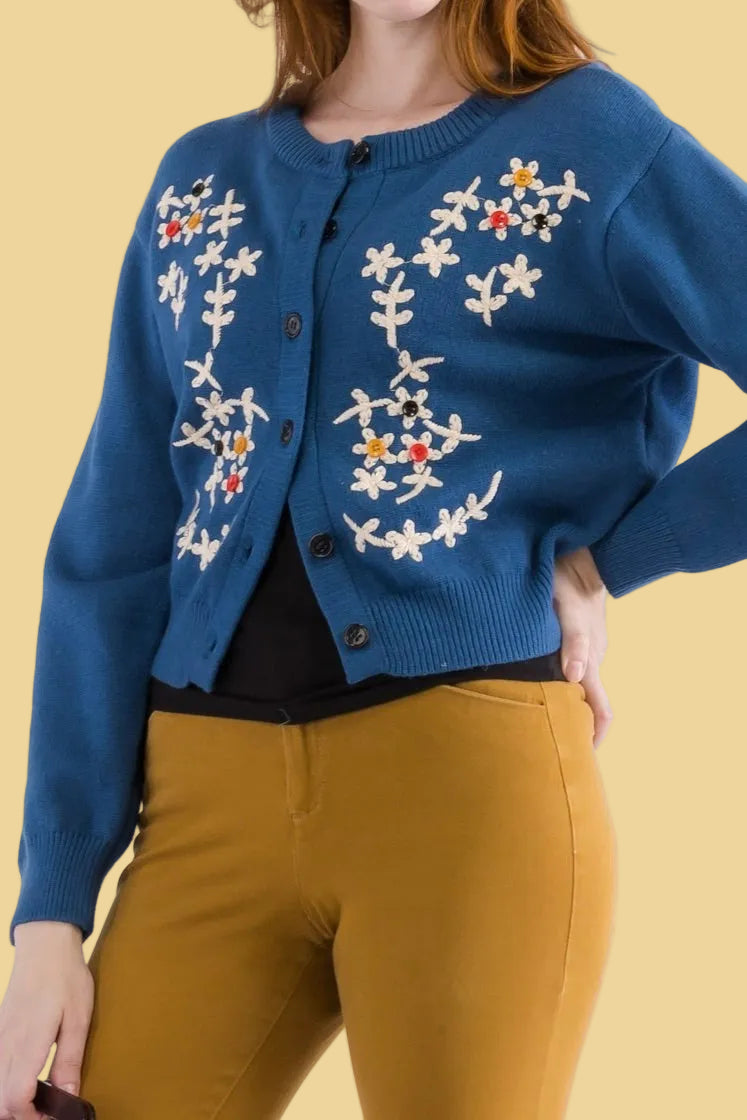 Floral Stitching Cardigan - Blue