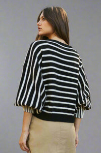 Stripe Puff Sleeve Sweater - Black