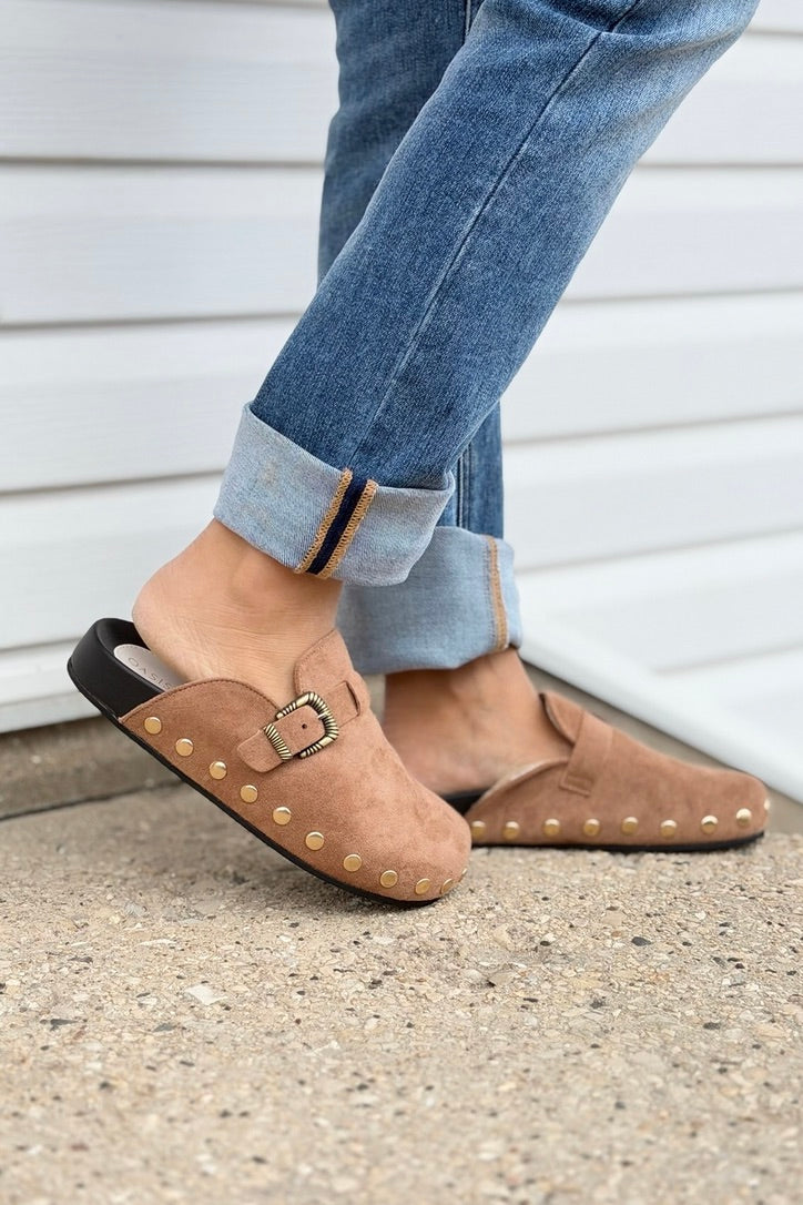 Toni - Latte Studded Buckle Clog