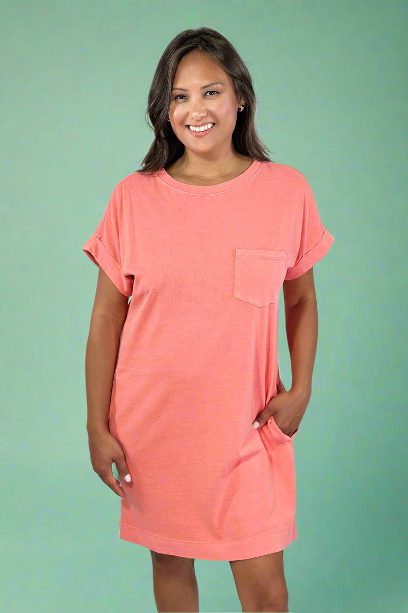 Unwind In Style T Shirt Dress - Coral