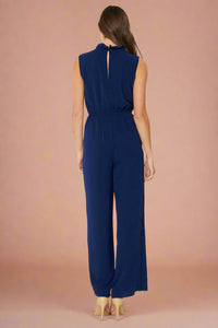 Ruffled V Neck Jumpsuit With Elastic Waistband - Navy