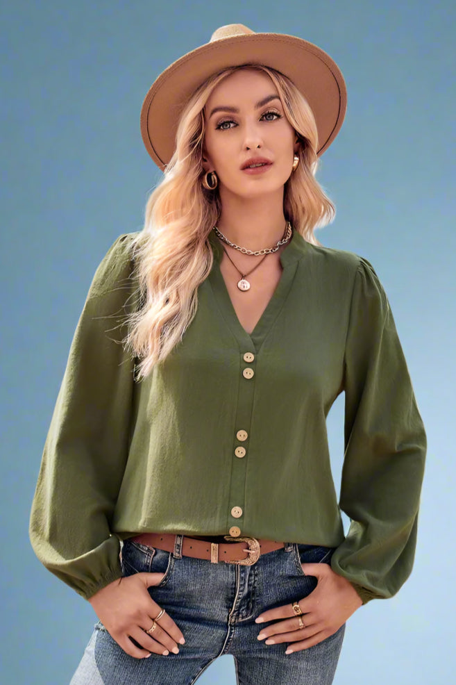 V-Neck Button Detail Blouse - Olive
