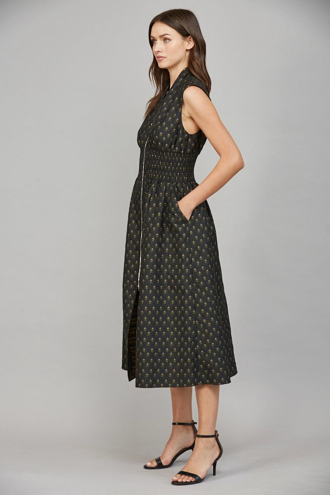 V-Neck Front Zip Midi Dress - Black