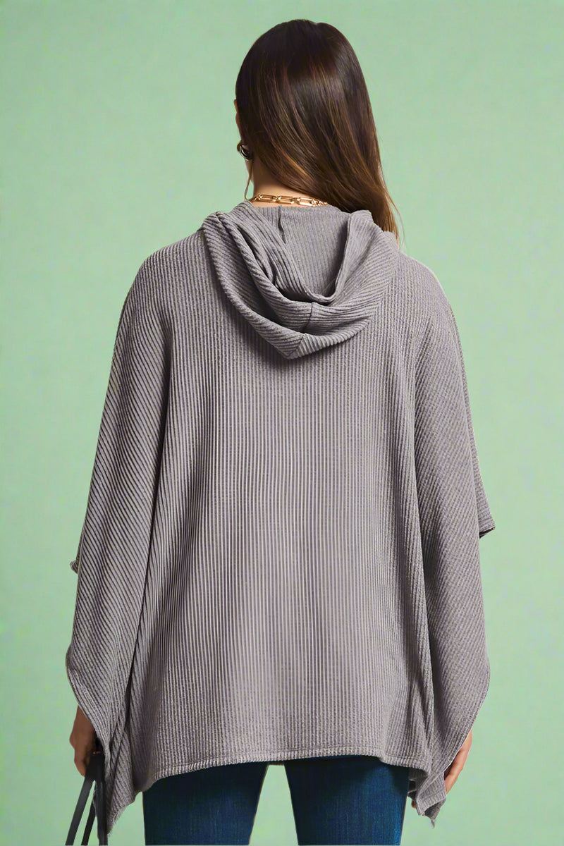 Ribbed Knit Poncho Top - Charcoal