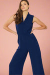 Ruffled V Neck Jumpsuit With Elastic Waistband - Navy