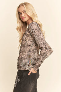 Floral Plaid Velvet Mesh Top - Taupe