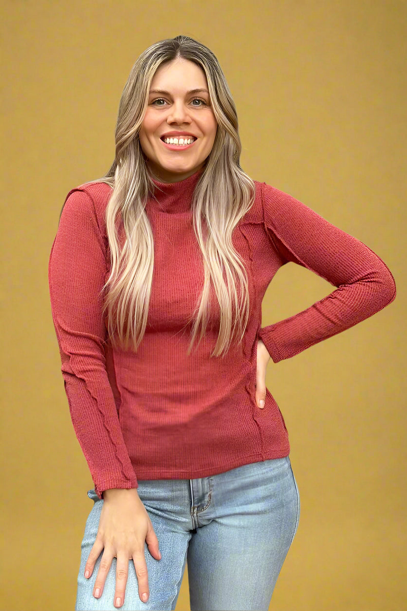 A high neck long sleeve top in the color brick. Has an exposed hem detail.