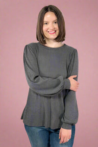 Bella Puff Sleeve Rib Top - Charcoal