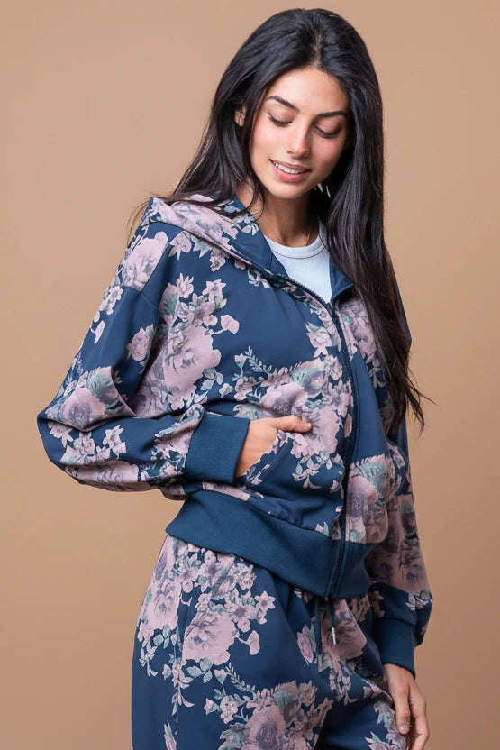 Flower Zip-Up Hoodie - Navy