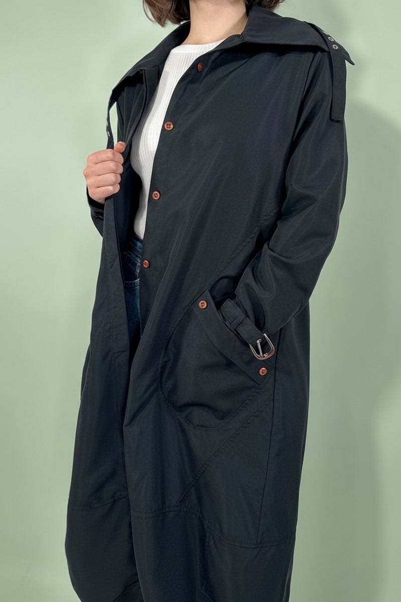 Lapel Button Up Long Coat - Black