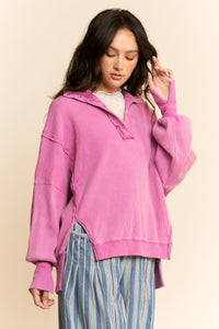 Garment Washed Henley Top - Orchid