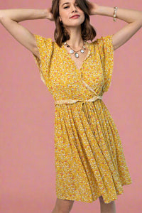 Raw Edge Floral Dress - Mustard