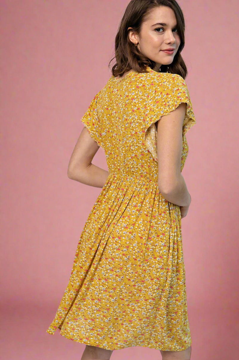 Raw Edge Floral Dress - Mustard
