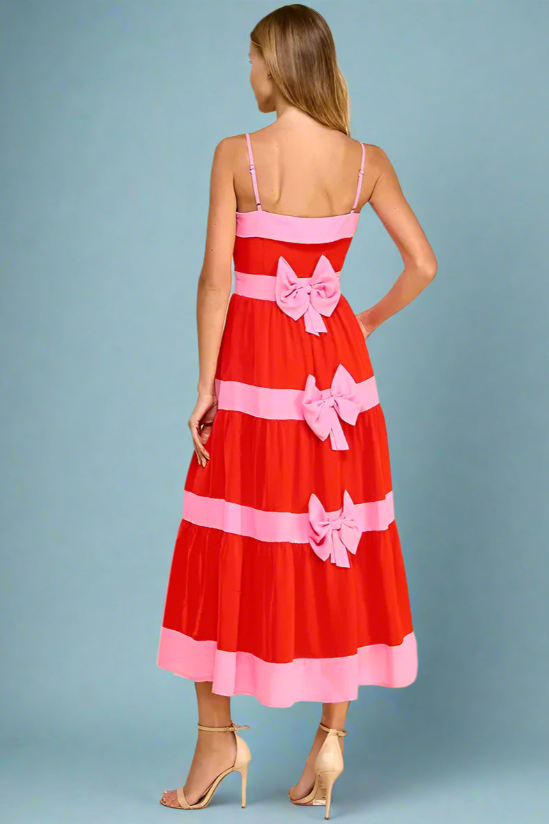 Tiered Bow Back Midi Dress - Red