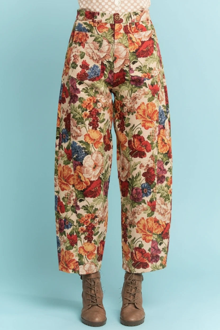 Boho Floral Jacquard Barrel Pants - Orange