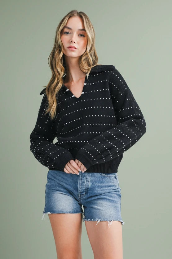 Dot Knit Pullover Sweater - Black