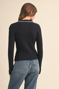 Collared Ribbed Sweater With Contrast Stitch