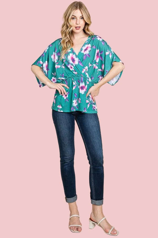 Bold Floral Wrap Top - Jade