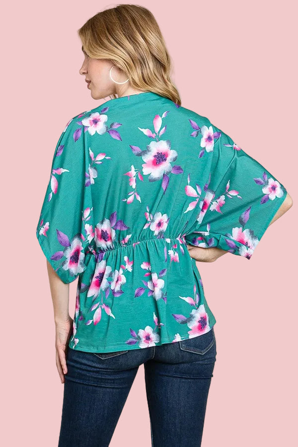 Bold Floral Wrap Top - Jade