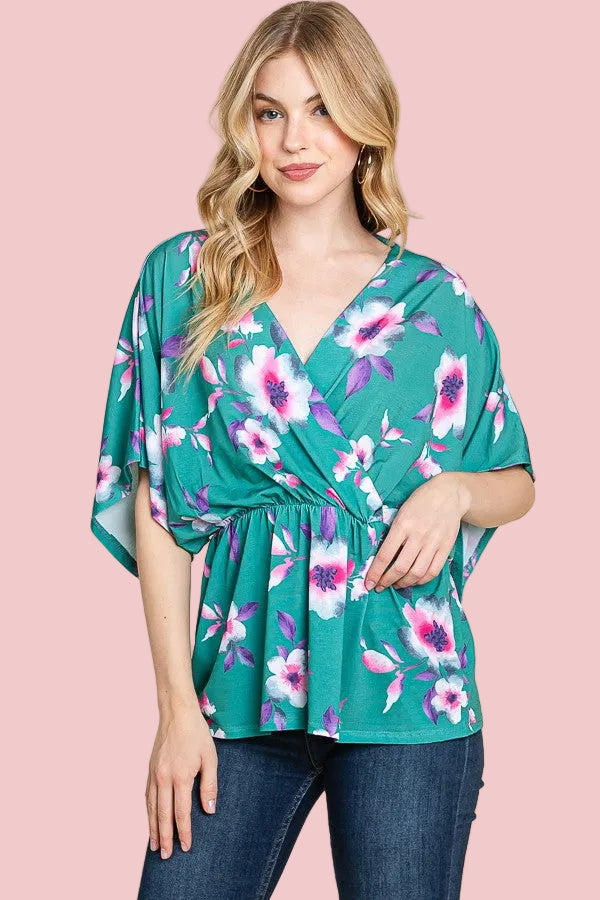 Bold Floral Wrap Top - Jade