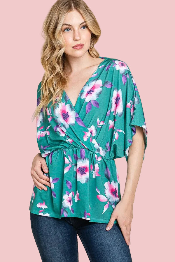 Bold Floral Wrap Top - Jade