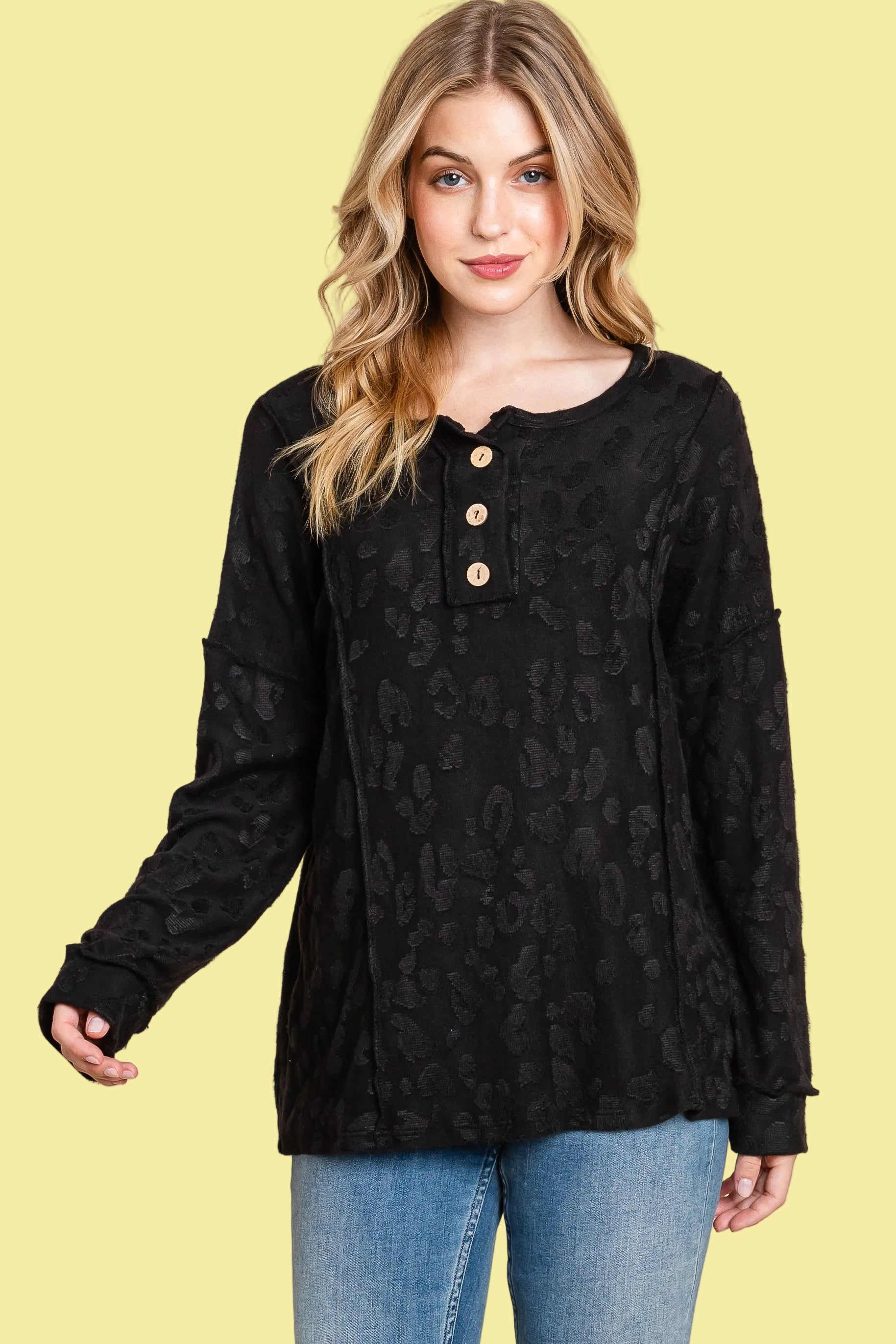 Textured Button Front Top - Black