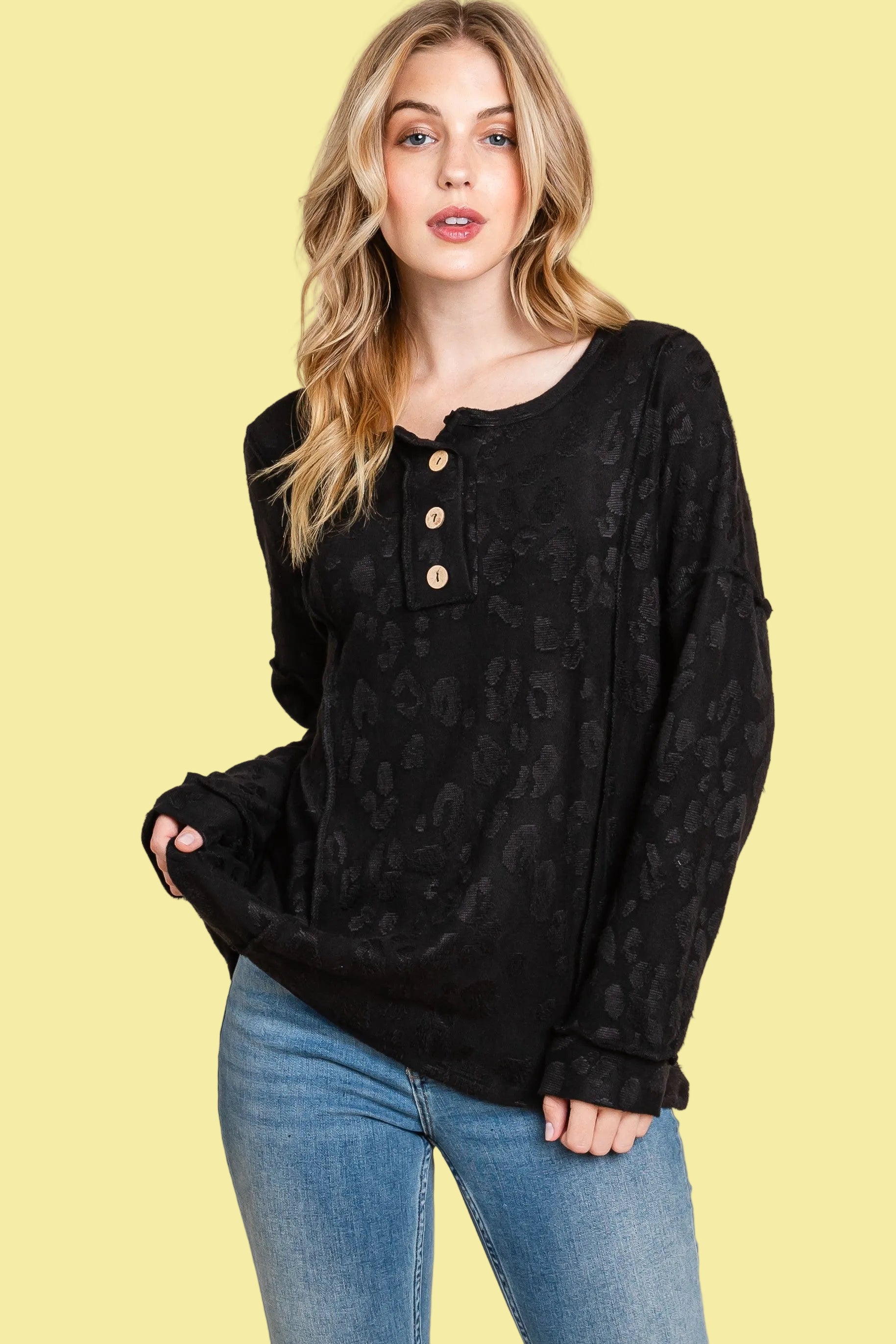 Textured Button Front Top - Black