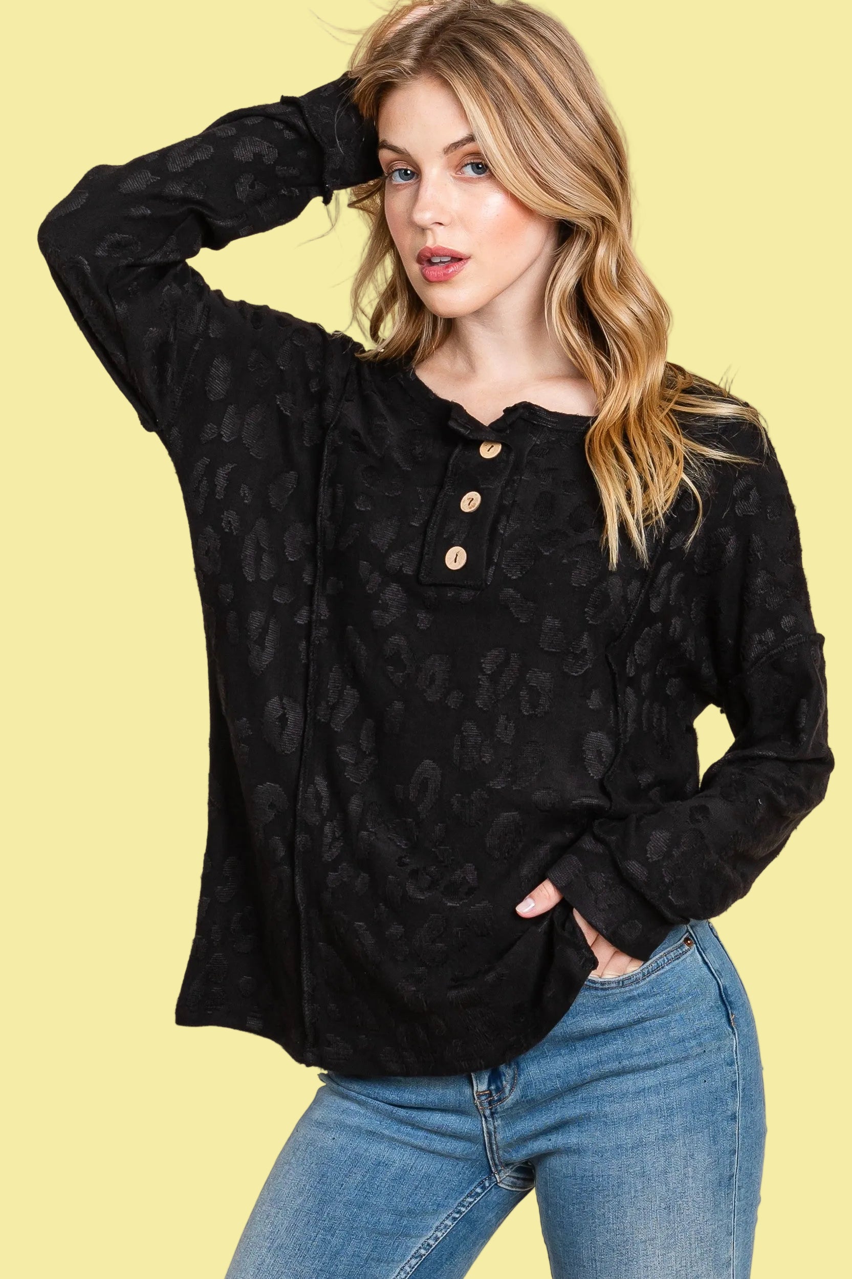 Textured Button Front Top - Black