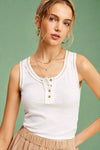 Ribbed Stitch Henley Tank Top - White