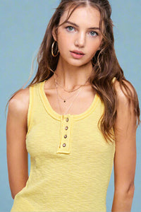 Ribbed Stitch Henley Tank Top - Lemon