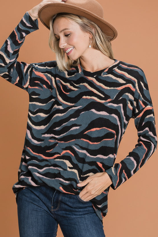 Animal Print Knit Top - Teal