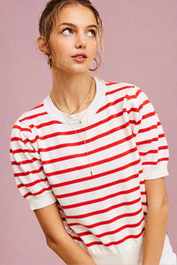Lightweight Puff Stripe Top - Tomato Red