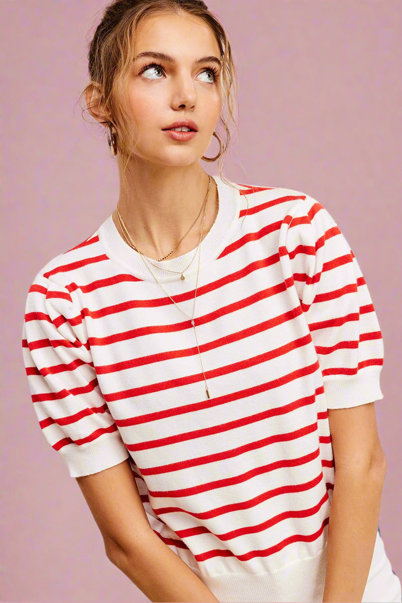 Lightweight Puff Stripe Top - Tomato Red